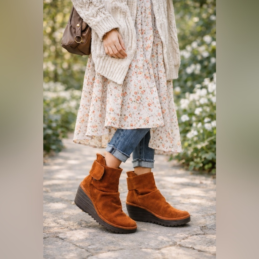 Fly London Rust Suede Wedge Boots